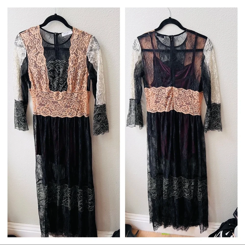 SANDRO PARIS lace overlay tan white black fitted midi dress womens 2 - Picture 1 of 8